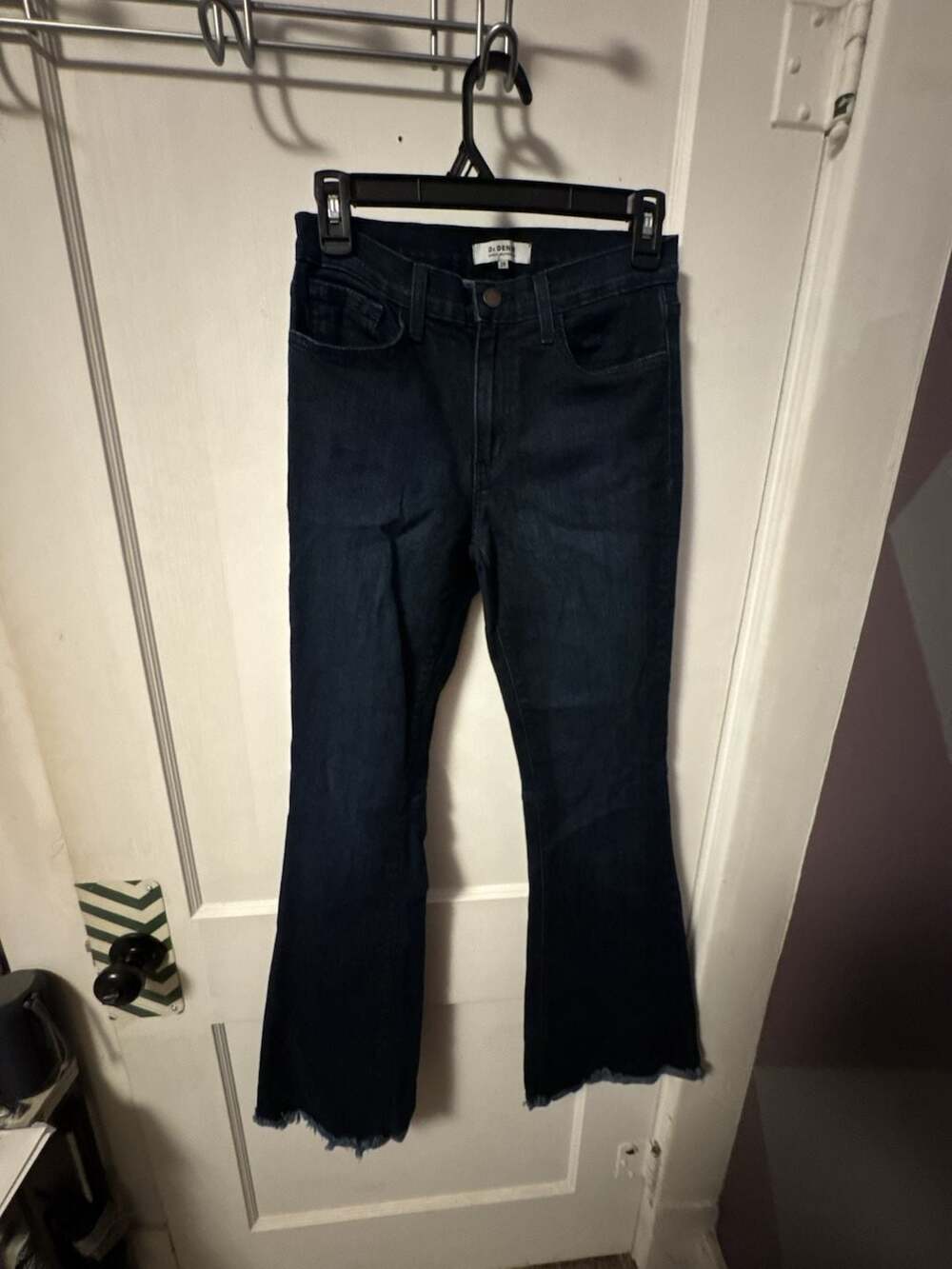 O2 Denim Dark Wash Flare Jeans with Frayed Hem Size 28